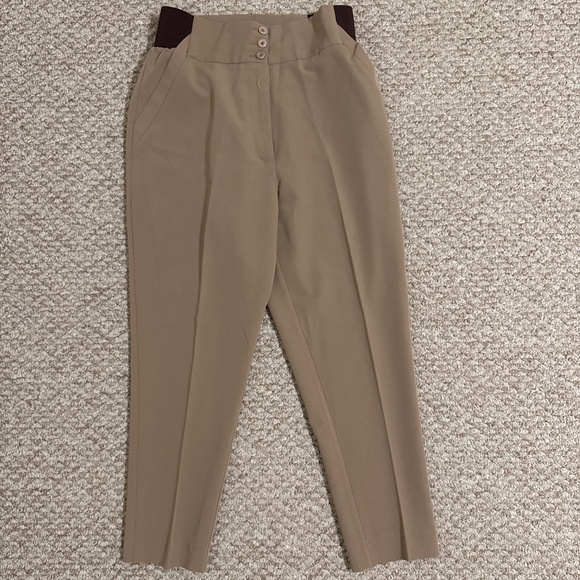 High-Waisted Taupe Dress Pants with Elastic Waist & Button Detail - Picture 1 of 1